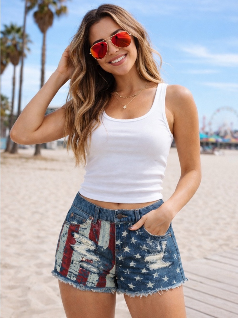 Distressed Denim Shorts USA Flag - Patriotic High Cut Cutoffs Size 26 NWOT